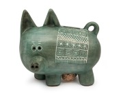 GUS McLAREN rare pottery pig money box with green glaze and sgraffito decoration, incised "McLaren", 17cm high, 19cm wide