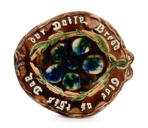 BENDIGO pottery bread platter with mottled blue and green glaze on brown ground, 19th century, 31.5cm wide