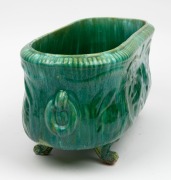 JOHN CAMPBELL green glaze pottery flower trough with bird decoration and claw feet, incised "John Campbell, Tasmania", 20cm high, 46cm wide - 2