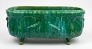 JOHN CAMPBELL green glaze pottery flower trough with bird decoration and claw feet, incised "John Campbell, Tasmania", 20cm high, 46cm wide - 3