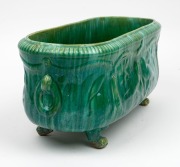 JOHN CAMPBELL green glaze pottery flower trough with bird decoration and claw feet, incised "John Campbell, Tasmania", 20cm high, 46cm wide - 4