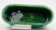 JOHN CAMPBELL green glaze pottery flower trough with bird decoration and claw feet, incised "John Campbell, Tasmania", 20cm high, 46cm wide - 5