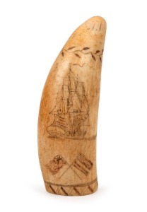 185 · A scrimshaw whale's tooth adorned with American ship portrait front and back, plus American and British flags, 19th century, an impressive 17cm high