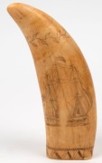 A scrimshaw whale's tooth adorned with American ship portrait front and back, plus American and British flags, 19th century, an impressive 17cm high - 2