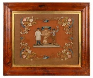 ROBIN HOOD, Hobart Tasmania, active 1851-1897. A fine ogee moulded musk veneered picture frame with water gilt slip mount enclosing a needle point tapestry titled "FREE", 19th century, remains of original paper label verso, 38 x 48cm wide, 56 x&nbsp;65cm overa