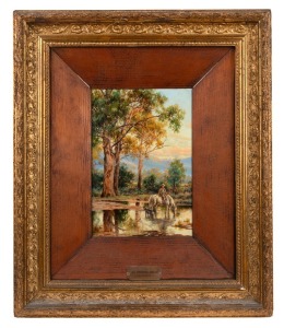 JAMES ALFRED TURNER (1850 - 1908), An Evening Drink, oil on board, signed J.A. Turner at lower left, in period framed with plaque, 29 x 20cm; overall 57 x 48cm.