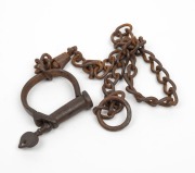 Convict era handcuff on lead chain, early 19th century. Note: original early shaped key. 89cm long. - 2