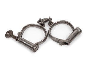 CONVICT HANDCUFFS, screw-key nickel plated #10, 19th century, 24cm long
