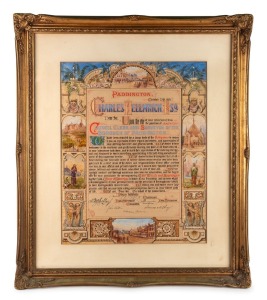 A SUPERB ILLUMINATED ADDRESS TO THE COUNCIL CLERK & SURVEYOR OF PADDINGTON, OCTOBER 1884: A magnificent example of late-nineteenth century illumination, created for John Sands, of George Street, Sydney, by an unknown artist, on the occasion of the retirem