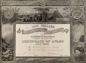 [NEW ZEALAND & ROYAL DOULTON INTEREST] A CHRISTCHURCH NEW ZEALAND 1906 EXHIBITION "CERTIFICATE OF AWARD" for a Gold Medal awarded to Doulton & Co., Ltd., for a "Group of Royal Doulton Vases painted by Geo. White"; signed by the president & the general ma