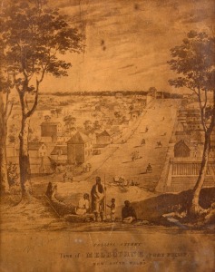 "COLLINS STREET TOWN OF MELBOURNE, PORT PHILLIP, NEW SOUTH WALES" albumen paper print, circa 1890 of a lithograph of the 1840 painting by ALBERT NOYCE. 26 x 21cm, 42 x 36cm
