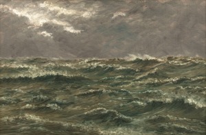 LIN ONUS (1948-1996), untitled seascape, oil on board, signed lower right "Lin Onus", with exhibition invitation verso, opened by Pastor Sir Douglas Nicholls at the Aborigines Advancement League Hall in Northcote, November 30th, 1975. 30 x 45cm, 40 x 55cm