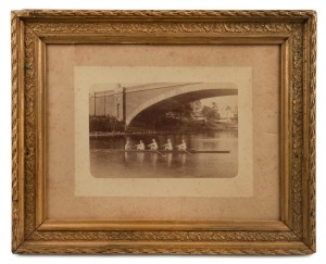 OLD PRINCES BRIDGE black and white albumen photograph of a coxed four skull beneath the second Princes Bridge in Melbourne which was opened in 1850 before being replaced by the third and current bridge in the 1880s, ​​​​​​​sheet size 15.5 x 21.5cm, 29 x 3