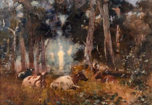 WALTER WITHERS (1854-1914), (untitled resting cattle), oil on canvas, signed lower left "Walter Withers", Leonard Joel auction label verso, ​​​​​​​36 x 51cm, 50 x 65cm overall