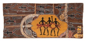 ARTIST UNKNOWN, (dancing figures and animals), earth pigments on bark, ​​​​​​​29 x 65cm overall