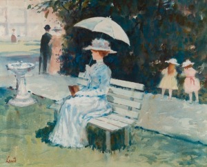 GERRARD LANTS&nbsp;(1927-1998), (seated lady in a park), watercolour, signed lower left "Lants", 41 x 51cm, 74 x 83cm overall