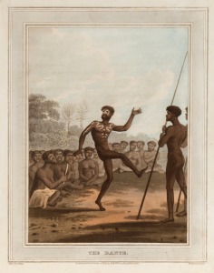 Four antique coloured engravings and plates including Aboriginal and Pacific Islands subjects, three framed, one loose page, the largest 35 x 49cm overall