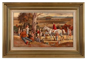 ROBERT YOUNG (1926-2018), County Race Meeting, oil on board, signed lower left "R. Young", titled verso, ​​​​​​​30 x 50cm, 46 x 67cm overall