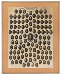 "Members of the First Parliament of the Commonwealth of Australia, May 1901" autotype photo by the Swiss Studio, Bourke Street, Melbourne. Black and white photograph print laid down on card displaying vignettes of all the members with the Governor General