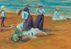 PETER PRICE (Australian), (untitled Edwardian style beach scene), oil on board, signed lower right "Peter Price", 25 x 37cm, 44 x 54cm overall