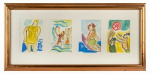 JOHN ANTHONY (TONY) TUCKSON (1921-1973) (attributed), (group of four beach scenes), watercolours, framed as one, each image 15 x 10cm, 32 x 67cm overall