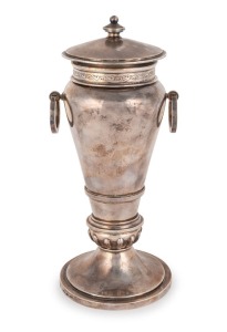 BASSE of Adelaide, antique Australian silver lidded urn with engraved collar, early 20th century, stamped "BASSE, Adelaide, Broken Hill, Silver" with crown and lion passant, 27cm high, 818 grams