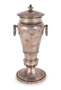 BASSE of Adelaide, antique Australian silver lidded urn with engraved collar, early 20th century, stamped "BASSE, Adelaide, Broken Hill, Silver" with crown and lion passant, 27cm high, ​​​​​​​818 grams