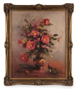 CAROLE MILTON (1937 - ), Camellias, oil on canvas board, signed lower left, 50 x 60cm, 63 x 73cm overall.