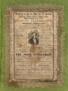 ROYAL PRINCESS'S THEATRE, 1866: Antique silk program "Memorial To The Late Mr C. V. BROOKE, Royal Princess's Theatre, Monday Evening, May 7, 1866. Dramatic Performance, MELBOURNE CARRICK CLUB", 50 x 36cm overall