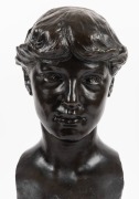 OLIN LEVI WARNER (American, 1844-1896), cast bronze bust of a young lady, mounted on square form plinth, signed "O.L. Warner, 1882", 48.5cm high overall - 2