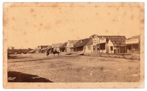 Circa 1875 carte-de-visite&nbsp;size albumen paper print laid down on backing card and titled verso in manuscript "View of the Border Post Printing Office Stanthorpe looking up the Street from Quart Pot Creek", photographer unidentified but probably "J.P. STEL