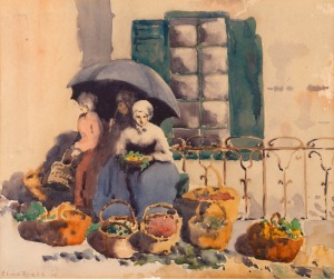 ELMA ROACH (1897-1942), The French Flower Sellers, 1925, watercolour, signed lower left "Elma Roach, '25", 20 x 24cm, 54 x 55cm overall