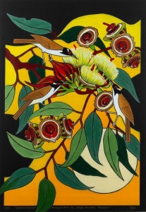 VIJA HARRIS, White-naped&nbsp;honeyeaters in large&nbsp;fruited Mallee, linocut, 2/10, signed lower right, 58 x 40cm, 80 x 61cm overall.