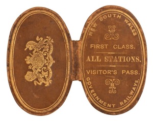 NEW SOUTH WALES GOVERNMENT RAILWAYS First Class ALL STATIONS Visitor's Pass, gold embossed leather ticket No.5, with printed interior completed in manuscript for "T. Curran Esq., M.P. England" during his visit to New South Wales from 8th to 25th January 1