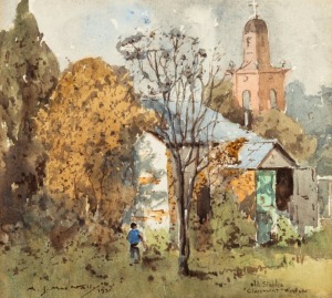 MATTHEW JAMES MacNALLY (1874 - 1943), Old Stables, "Claremont", Windsor, 1935, watercolour, signed and dated lower left, 21 x 23.5cm; framed 46 x 46cm. Provenance: Leonard Joel, Australian & Overseas Paintings, Melbourne, 11th April 1984, Lot 16.