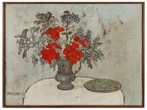 FREDERICK ARTHUR JESSUP (1920-2007), Geraniums, oil on canvas, signed lower left "F.A. Jessup, '59", Australia Galleries label verso, ​​​​​​​45 x 61cm, 47 x 63cm overall.