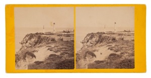 Circa 1868 stereoview albumen paper prints laid down on a yellow card; verso with printed label for T.J. WASHBOURNE, "VICTORIAN VIEWS" completed in manuscript "The Heads, Queenscliff. Port Phillip Low Lighthouse". Overall 85 x 173mm.&nbsp;Better known for his 