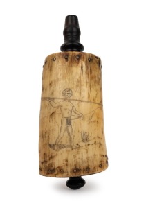 An antique powder flask with scrimshaw engraved decoration of an Aboriginal hunting a kangaroo, 19th century, ​​​​​​​15.5cm high