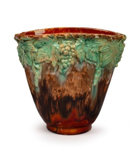 UNA DEERBON brown and green glazed pottery vase with applied grape motif, incised "Una Deerbon", 21cm high, 23cm high
