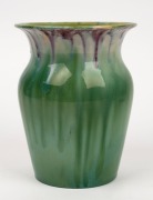 REMUED&nbsp;pottery vase with applied gumnuts, leaves and branch handle, glazed in green with unusual burgundy highlights, incised "Remued, Hand Made, 196/7M", 19cm high - 2