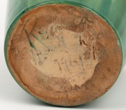 REMUED&nbsp;pottery vase with applied gumnuts, leaves and branch handle, glazed in green with unusual burgundy highlights, incised "Remued, Hand Made, 196/7M", 19cm high - 3
