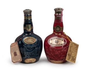 CHIVAS BROTHERS "Royal Salute, 21 Year Old Blended Scotch Whisky", 700ml, in ceramic decanters manufactured by WADE and housed in original blue and burgundy velvet bags, (2 bottles)