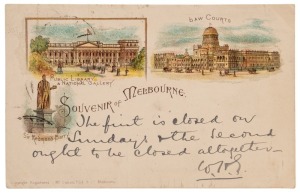 A fine range of Australian postcards in a small album. Noted, in particular, are seven different "Gruss Aus" colour lithographic types by McCarron Bird, a number of different views from the "In the Fifties" Series, early Sydney RP types, etc. (70+).