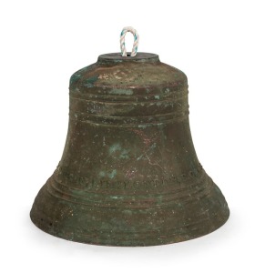 An impressive antique cast bronze clock tower bell, stamped "W. BENSON. LIMB: LONDON. E. C. 1928", 28cm high, 37cm diameter