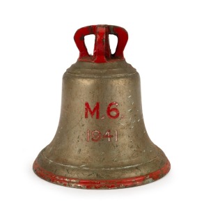 WW2 period R.A.F. airfield "scramble" warning bell, cast bronze with red painted finish, emblazoned "M. 6. 1941", 22cm high, 25cm diameter