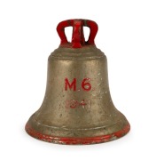WW2 period R.A.F. airfield "scramble"&nbsp;warning bell, cast bronze with red painted finish, emblazoned "M. 6. 1941", 22cm high, 25cm diameter