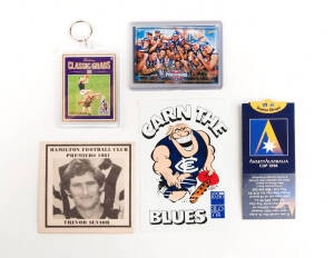 c1981-99 range, noted 1981 Hamilton FC coasters [19]; 1990 ABC Radio "Weg stickers" [15/30]; 1998 Ansett "Player Pop-Ups" [16]; 1999 Select "North Melb Premiership Card"; Tip Top bread wrappers (2). Mainly G/VG.