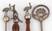 Four Australiana silver plated bread forks with emus, kangaroo, boomerang and Australian map, two with fiddleback blackwood handles, by Stoke & Sons and Stewart Dawson, 19th/20th century, ​​​​​​​the largest 26cm long - 2