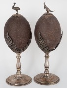 A pair of antique Australian silver plated emu egg ornaments, adorned with ferns, kangaroo and emu, circa 1900, ​​​​​​​27cm high - 3