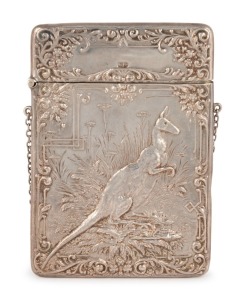 An impressive antique sterling silver calling card case beautifully decorated with repousse kangaroo in landscape, made by Crisford & Norris of Birmingham, circa 1908, 10cm high, 60 grams.